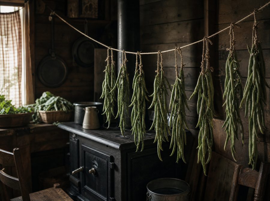 Green beans strung on thread, drying by a wood stove