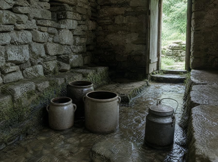 Stoneware crocks in the cold channel of a stone spring house